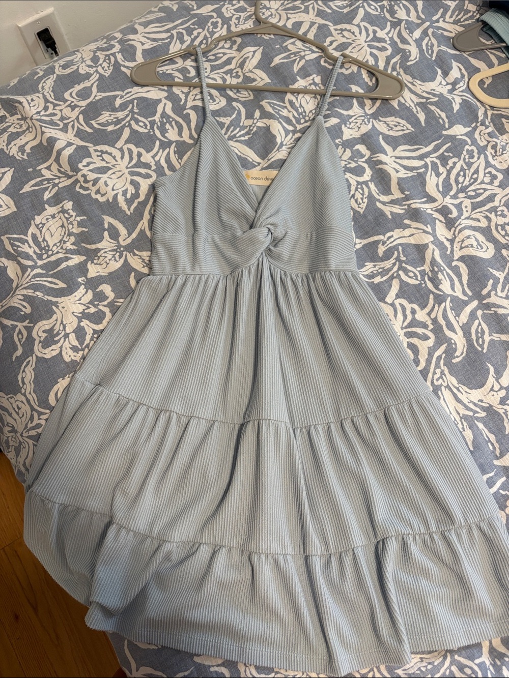 Ocean Drive Pale Blue Knot-Front Tiered Mini Dress